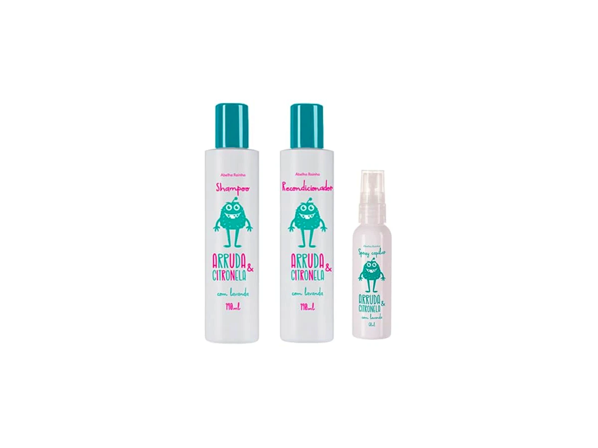 Kit Mata Piolho e Lêndeas Arruda e Citronela Shampoo Condicionador e Spray Abelha Rainha