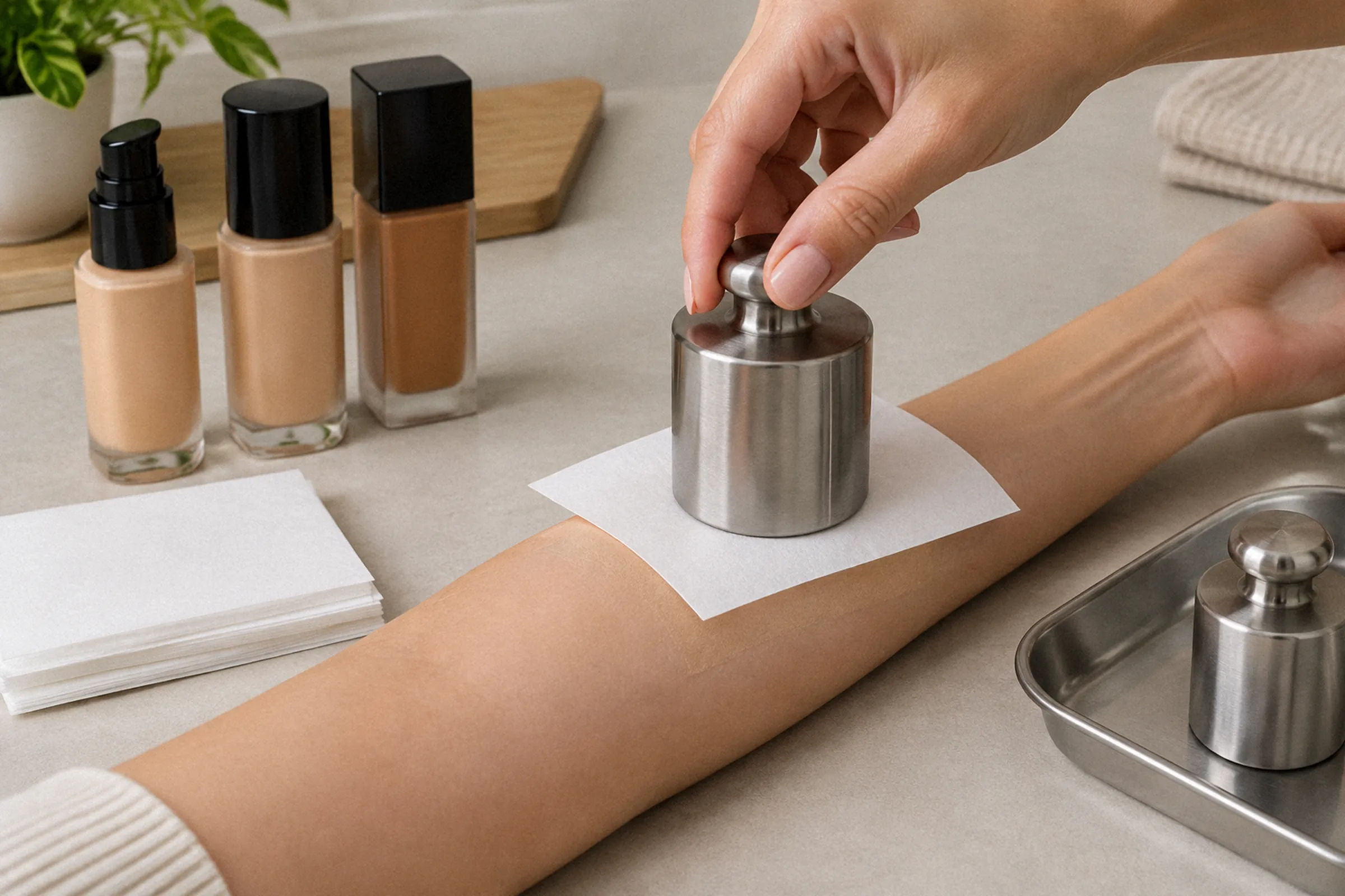 Em close sobre uma bancada editorial, um peso de 500 g pressiona papel absorvente branco sobre a área de base de 5 × 5 cm no antebraço, sem esfregar.